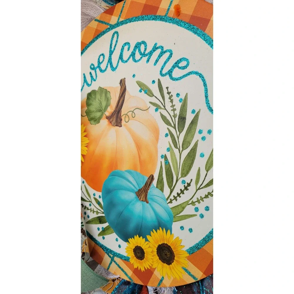 Fall Sparkle Welcome Pumpkin Wreath Slim Pancake Front Door Decor Teal Orange